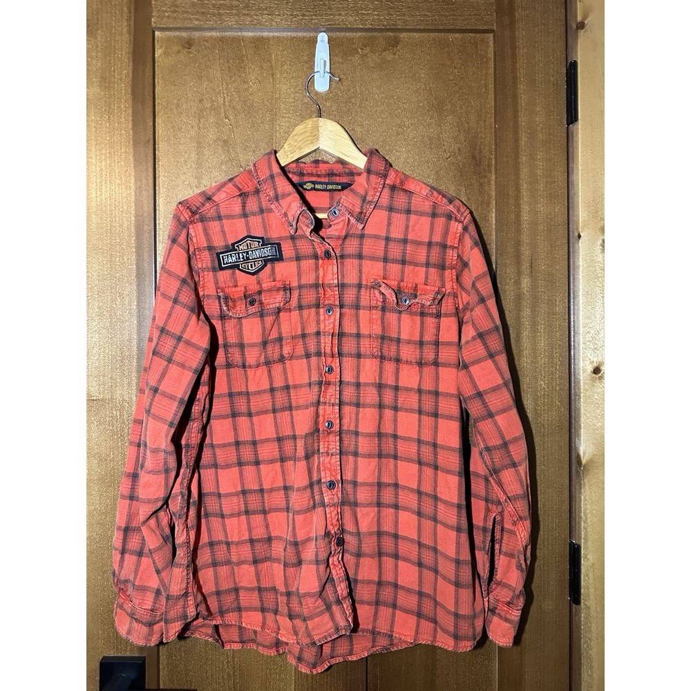 Harley-Davidson Plaid Flannel Button Shirt Womens 1X Red Black Logo Patches‎